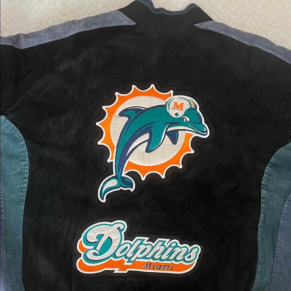 NFL Dolphins Black and Teal Leather Bomber Jacket - Picture 4 of 6